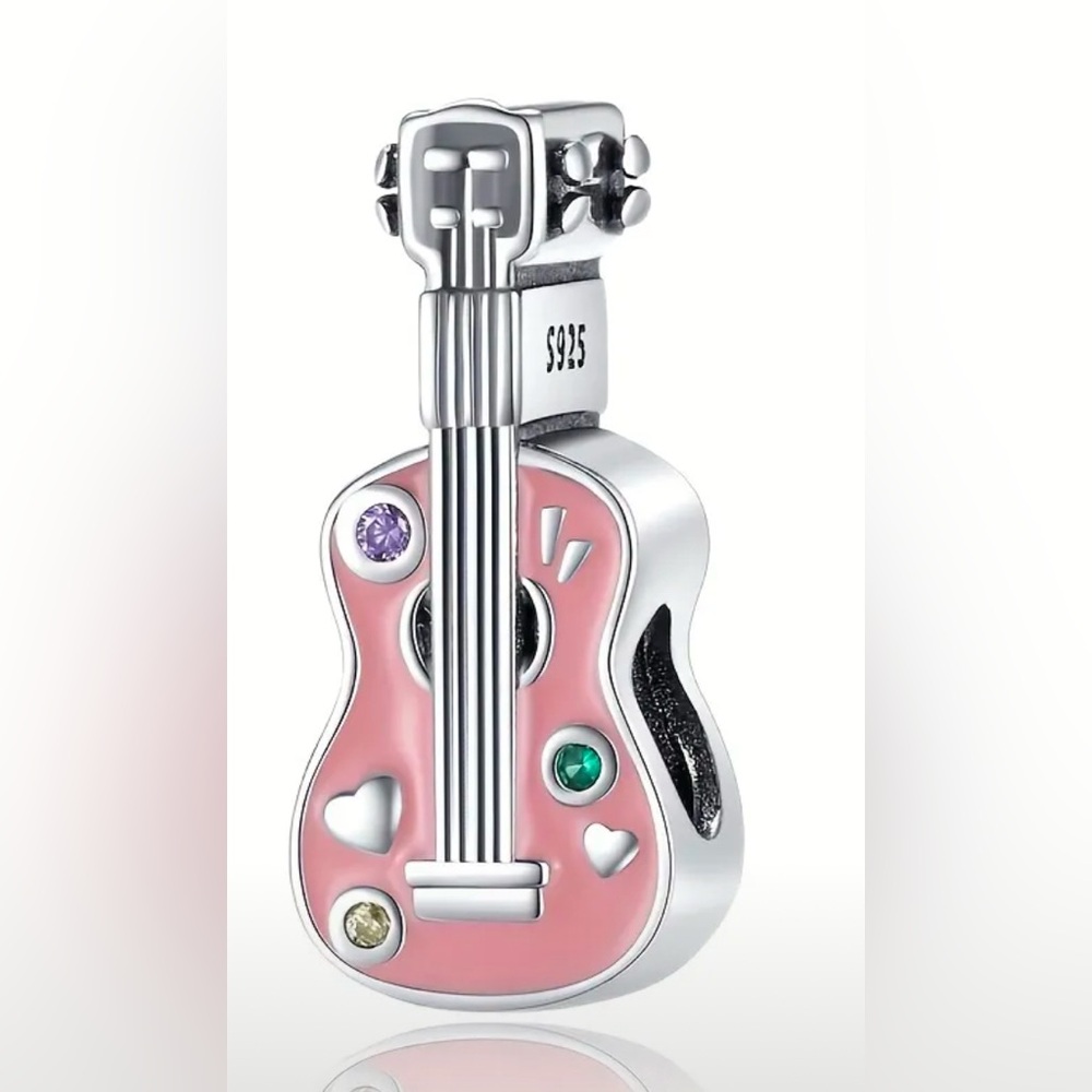 Silver & Pink Guitar Charm For Pandora Bracelet